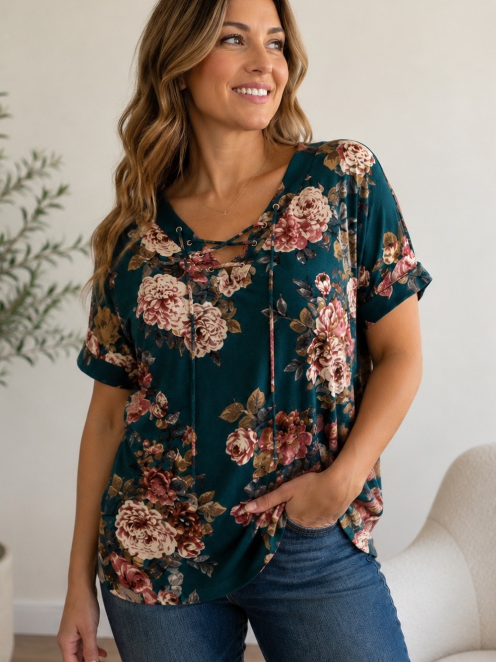 Sew in Love Green Floral Top Size L
